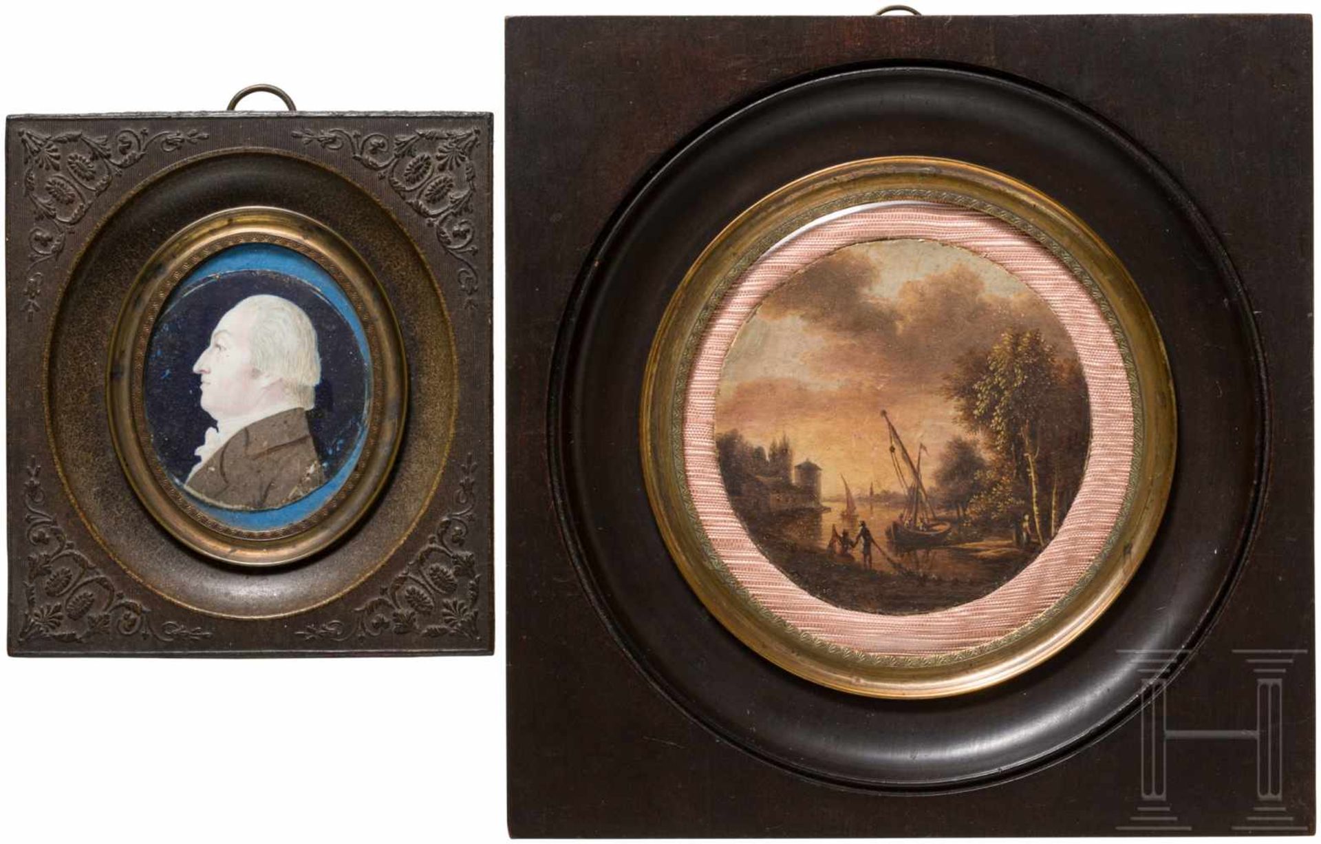 Zwei Miniaturen, 19. Jhdt.Darunter die runde Portraitminiatur eines Mannes, aufgemalt auf Elfenbein,
