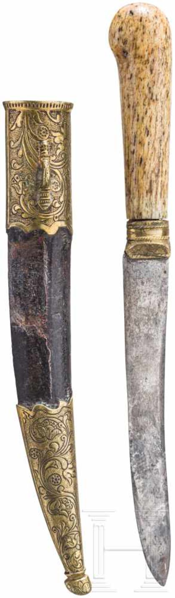 Messer, osmanisch, 19. Jhdt.Zweischneidige Klinge aus Wootzdamast. Griff aus Elfenbein mit - Bild 2 aus 2