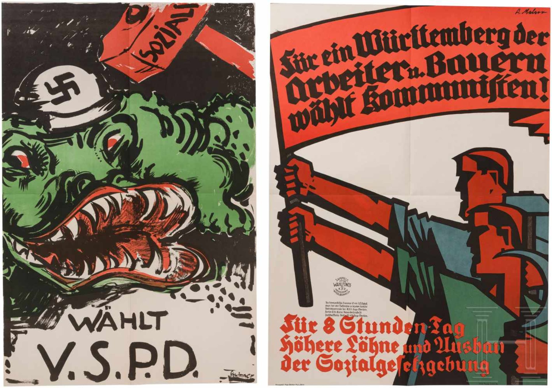 Zwei Wahlplakate - KPD und KommunismusFestes Plakatpapier, mehrfarbig gestaltet, versch. Größen, z.