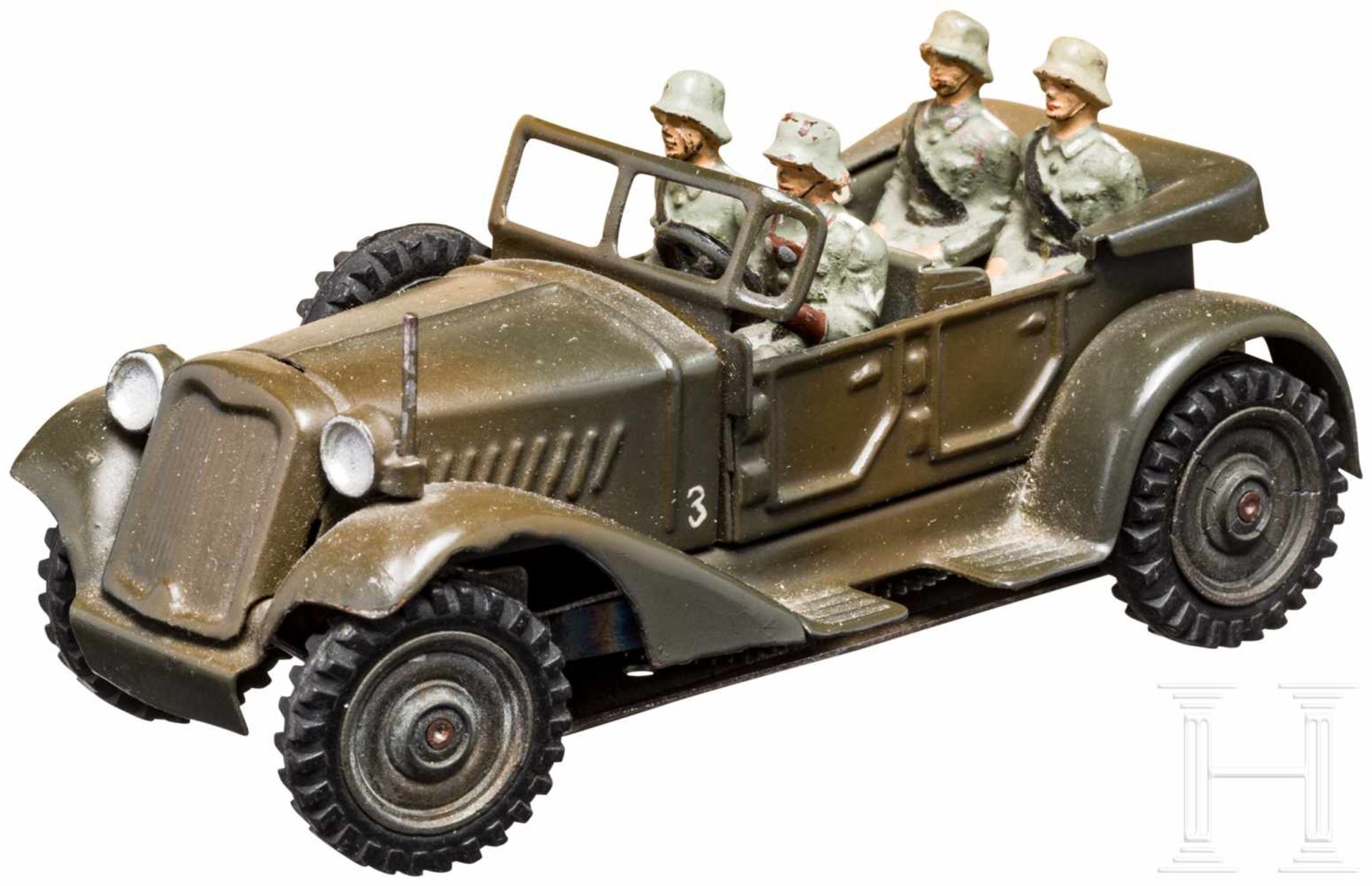 Lineol - grauer Kübelwagen 1/1209, mit Besatzung4 cm-Serie, Blech-Masseausführung, späte 30er Jahre.