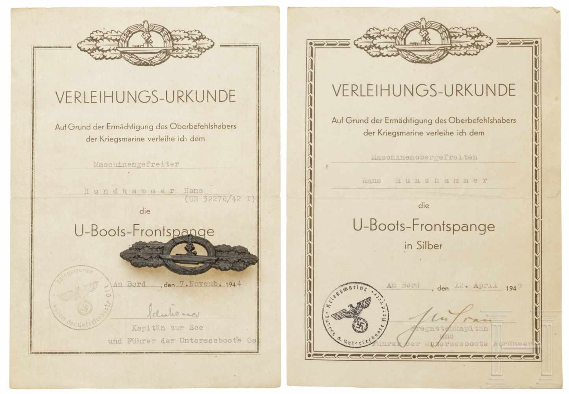 Maschinenobergefreiter Hundshammer - U-Boots-Frontspange in Bronze und UrkundenSchmuckurkunde zur