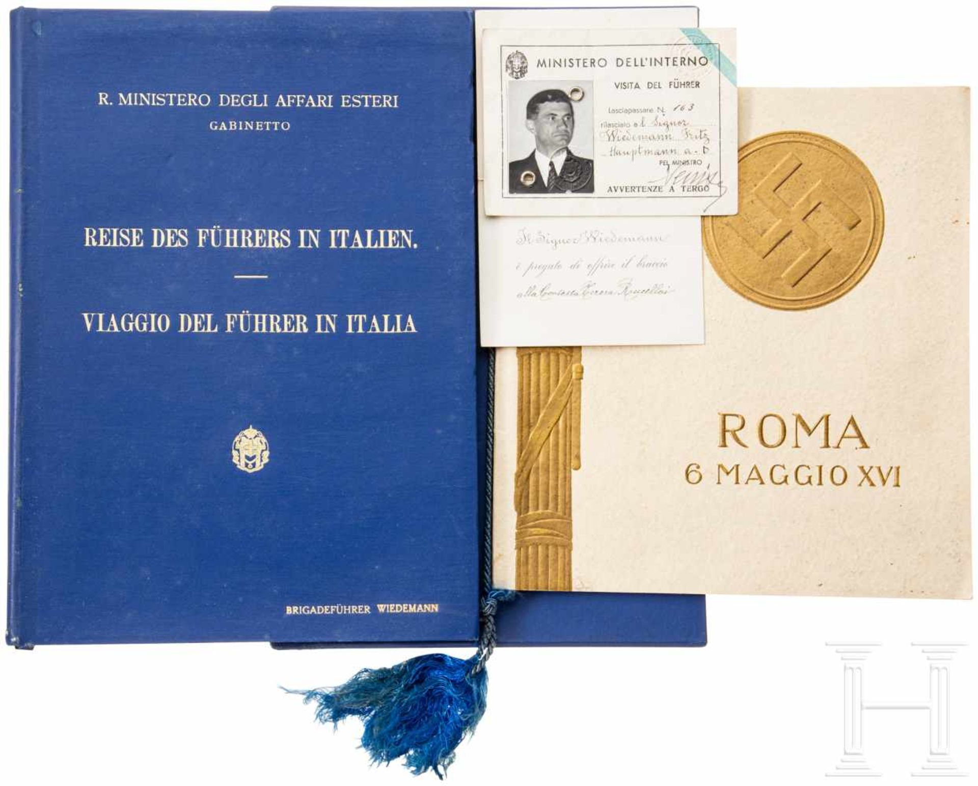 Fritz Wiedemann (1891 - 1970) - Ausweis und persönliches Exemplar "Reise des Führers in Italien" zum