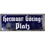 Emailletafel "Hermann Göring Platz"Leicht konvexe, blau emaillierte Eisentafel mit entsprechender