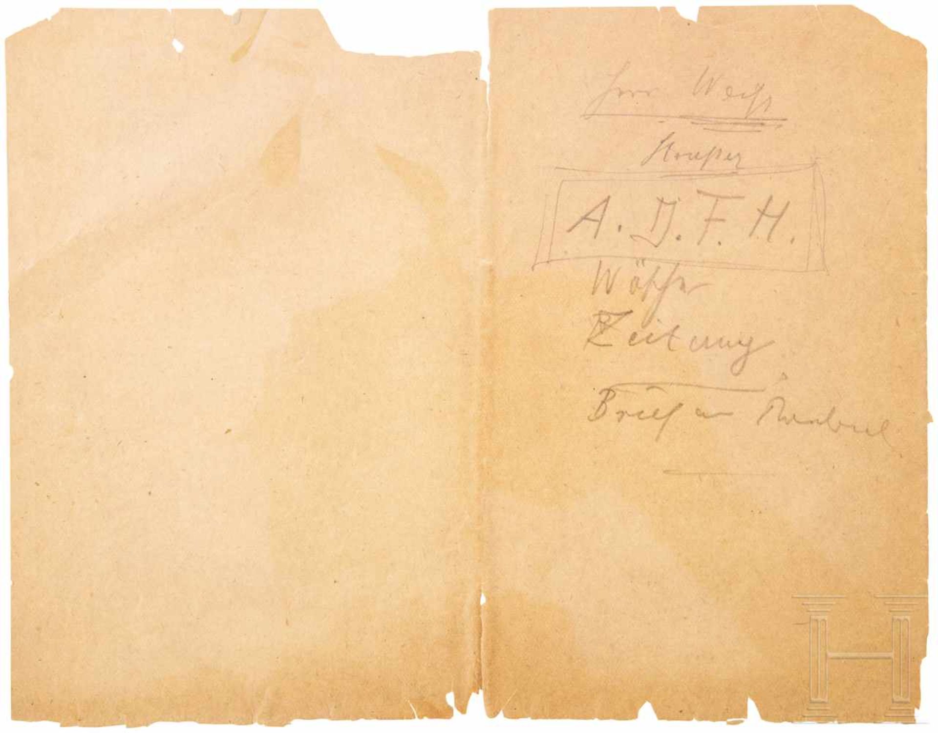 Adolf Hitler - eigenhändige Notizen in Bleistift auf NotizpapierDIN A4 und DIN A5. Der kleinere - Bild 2 aus 2