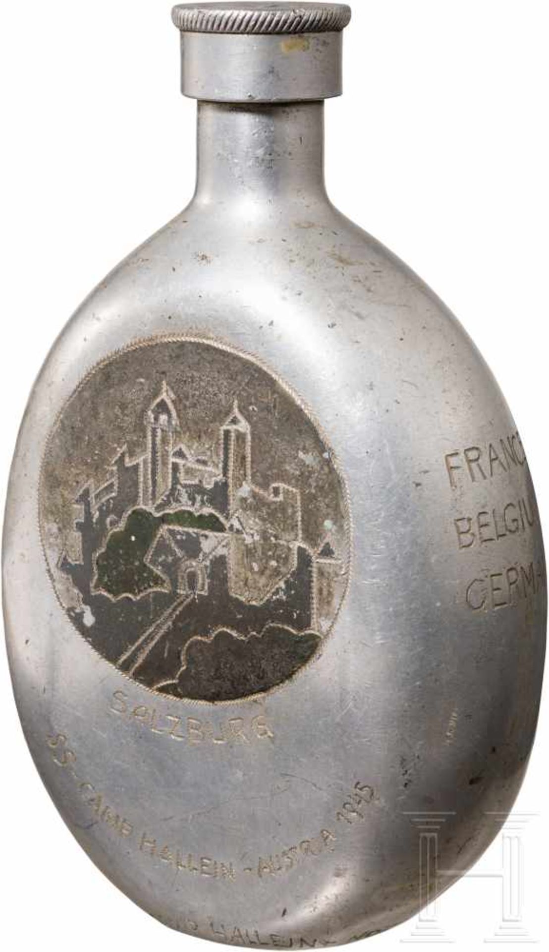 Geschenk-Trinkflasche von SS-Wachmann an US-Wachmann im Camp Marcus W. Orr bei Salzburg, - Bild 2 aus 2