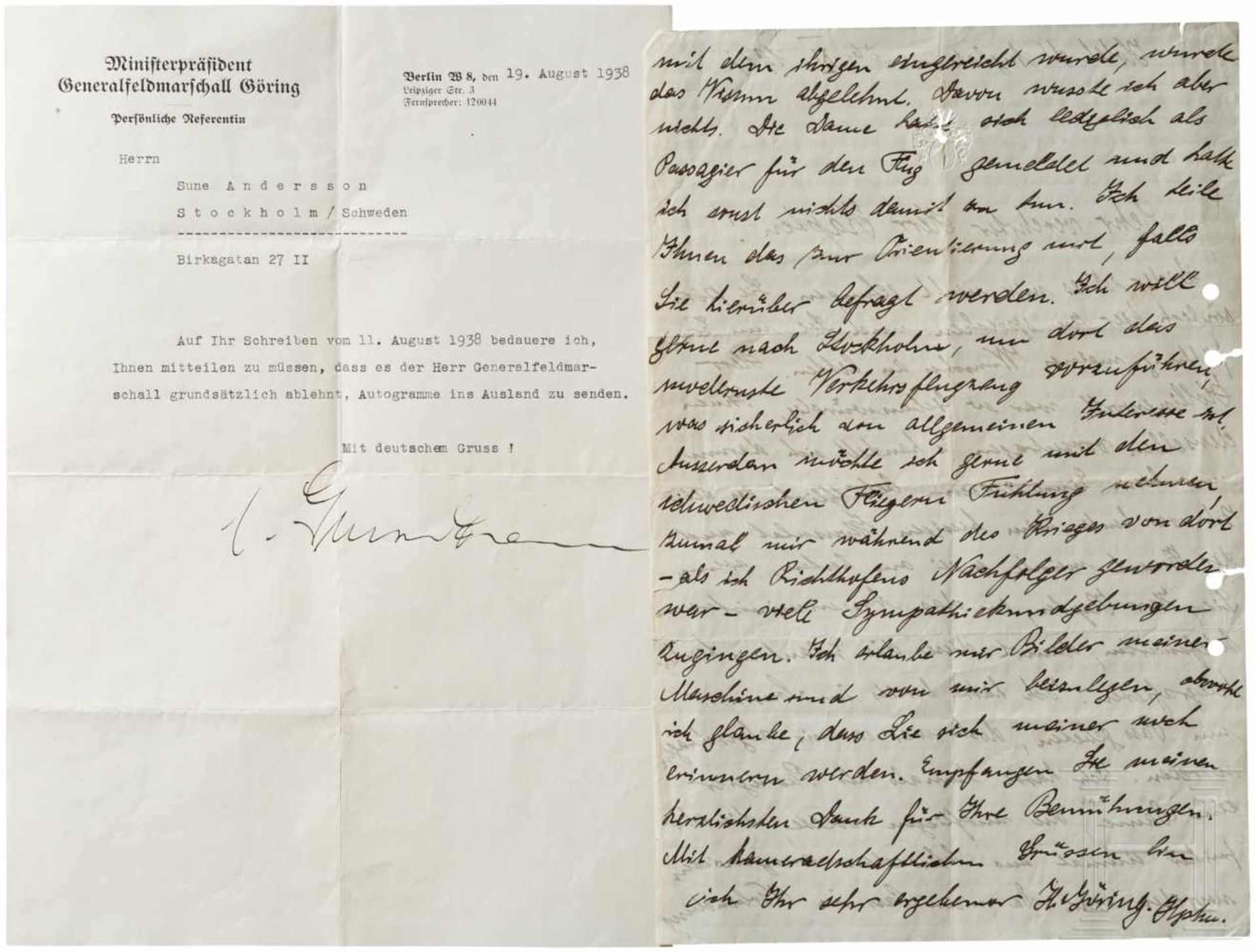 Hermann Göring - eigenhändiger Brief aus Kopenhagen an einen schwedischen Kapitän vom 26. November