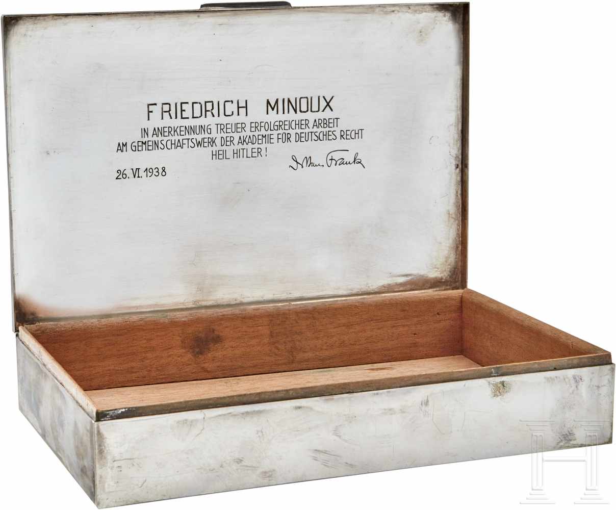 Hans Frank - a gift to Friedrich MinouxSilver cigar box, wood lined, exposed wood bottom and - Image 6 of 6