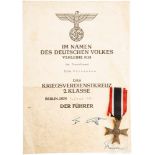 Fritz Wiedemann (1891 - 1970) - Kriegsverdienstkreuz 2. Klasse mit Verleihungsurkunde aus seiner