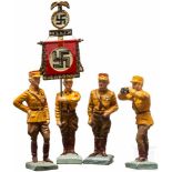 Konvolut Lineol - vier SA-Figuren mit Offizieren und Standartenträger7 cm-Serie, Masse-/