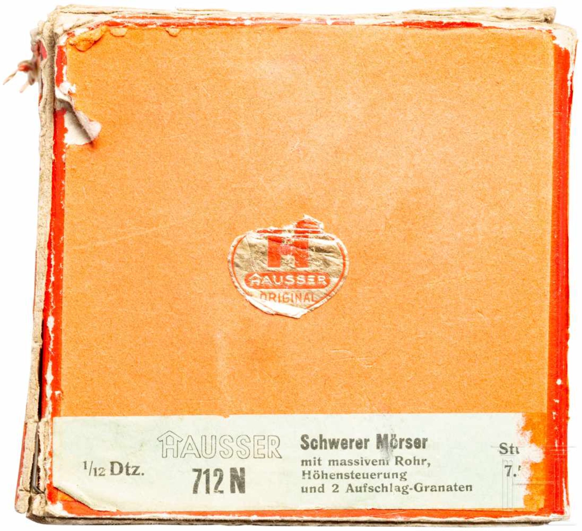Hausser - schwerer Mörser 712 N im Originalkarton7 cm-Serie, Blechausführung, 30er Jahre. Ein - Bild 3 aus 4