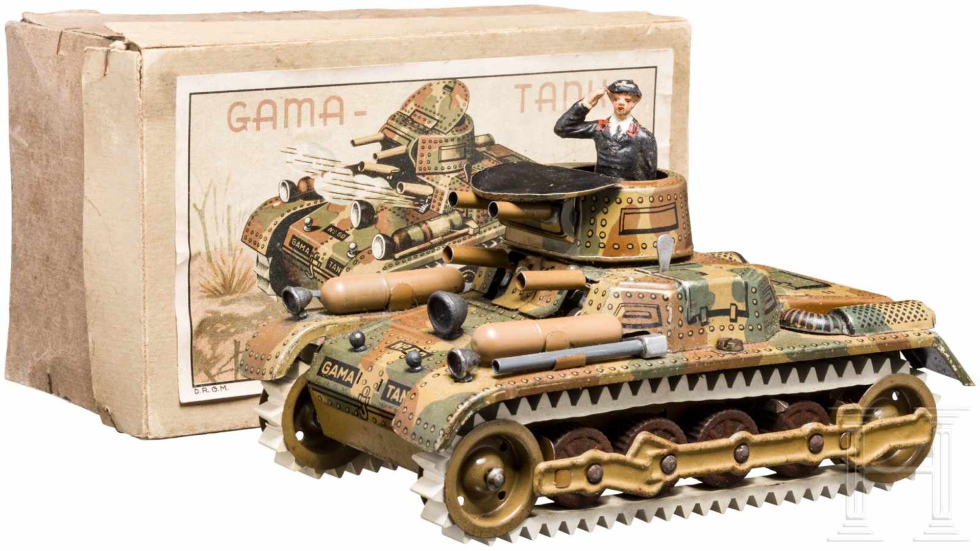 Gama - Panzer Feuertank No 60, im OriginalkartonGama/Georg Adam Mangold, Fürth, 7 cm-Serie, Blech-