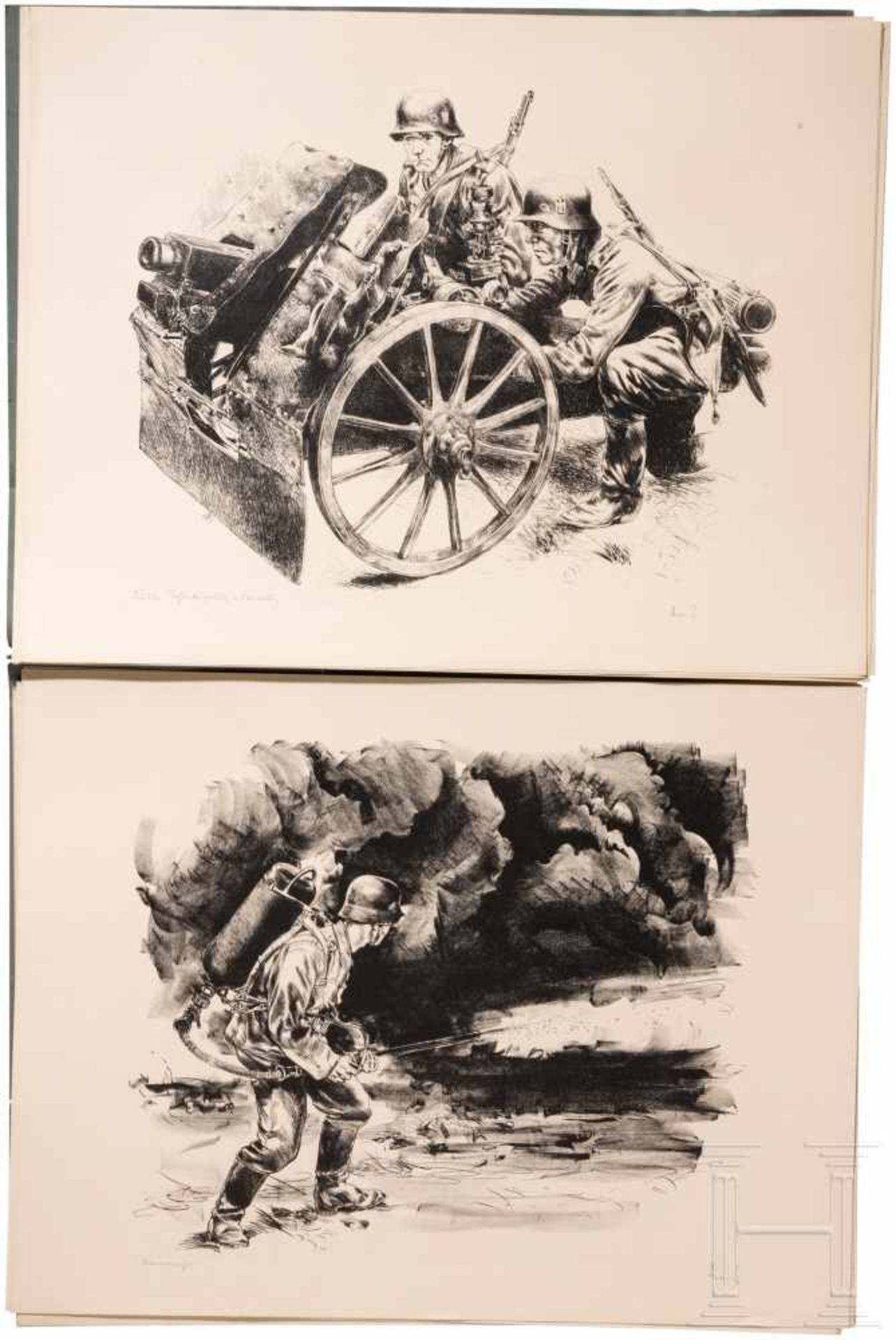 Josef Arens - 16 Steindrucke Wehrmacht bei Gefechtsübungen, um 1938/39Hervorragend ausgeführte, - Bild 2 aus 3