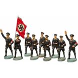 Konvolut Elastolin - neun SS Figuren im Marsch mit Fahnenträger7 cm-Serie, 30er Jahre, Masse-