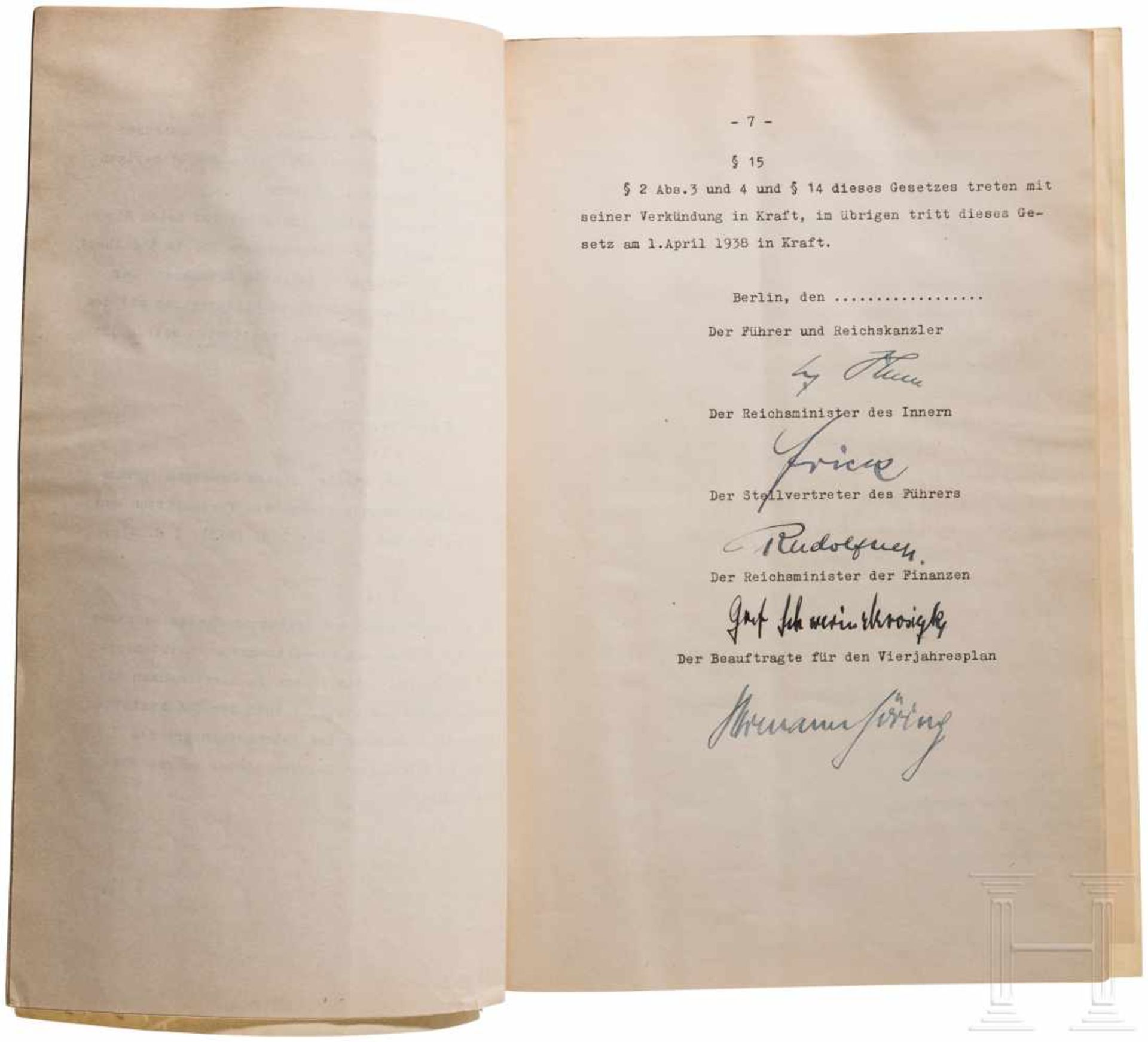 Adolf Hitler, Hermann Göring, Rudolf Hess - eingenhändige Unterschriften auf dem Groß-Hamburg-Gesetz