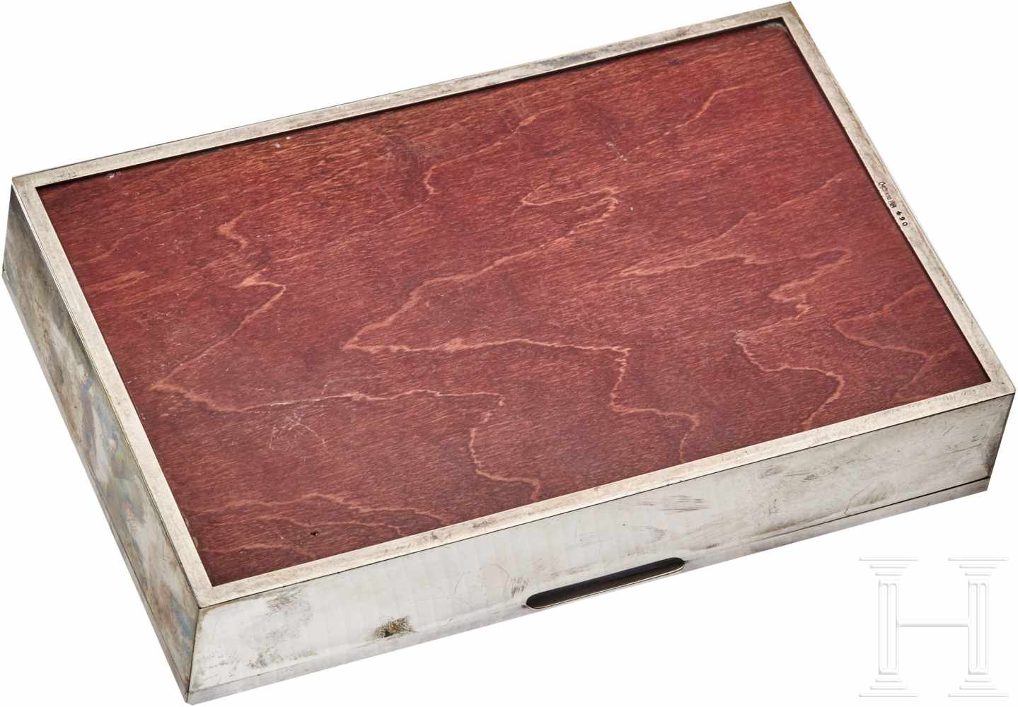 Hans Frank - a gift to Friedrich MinouxSilver cigar box, wood lined, exposed wood bottom and - Image 3 of 6