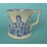 1840 Wedding: an unusual pottery mug the waisted body printed in blue with both portraits flanked by