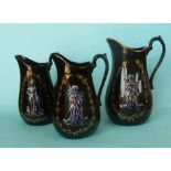 1840 Wedding: a graduated set of three blue glazed pottery jugs moulded with full-length portraits