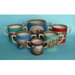 Six various cylindrical loving cups, largest 149mm (6) (pot lid, potlid, prattware)