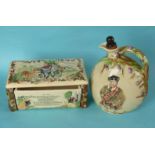 A good Crown Devon musical cigarette box to play Daisy Bell, 211mm wide and a good spirit flask to