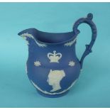 1838 Victoria: a good blue jasperware jug applied in white with profiles surmounted by crowns, 178mm