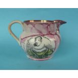 1838 Victoria: a pink lustre decorated jug printed in black with a named portrait, the reverse
