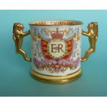 1953 Coronation: a Paragon loving cup with twin gilt handles, 120mm (commemorative, commemorate,