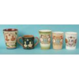 1902 Coronation: a William Lowe porcelain beaker with August date, two others, an Allervale small