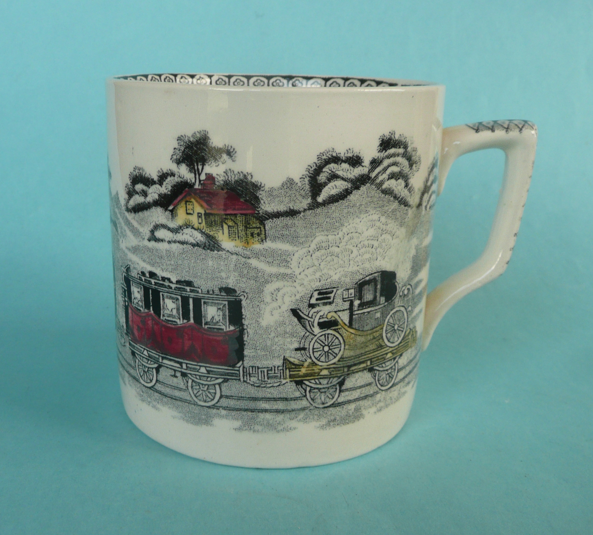 Railways: a 19th century cylindrical pottery mug printed in black and decorated in yellow and red - Image 2 of 2