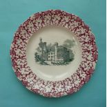 1846 Visit to Place House: a pottery plate with pink sponge decorated border printed in green with