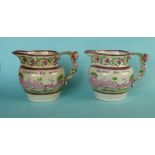 1820 General Election: a rare pair of pink lustre jugs set with elaborate figural handles the bodies