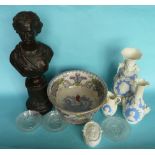 1863 Wedding: a pottery bowl, two parian vases and a similar small jug, a bronzed composition