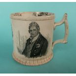 1831 Coronation: a cylindrical mug printed in black with portraits, 101mm, hairline cracks to
