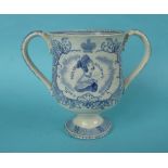 1838 Victoria: a pottery loving cup on spreading foot printed in blue with a named portrait