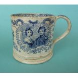 1840 Wedding: a rare pottery mug printed in blue with portraits and crown centred by inscription and