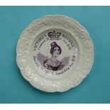 1838 Victoria: a Dillwyn & Co nursery plate with floral moulded border printed in purple with