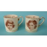 Princesses Elizabeth and Margaret: a pair of mugs by Crown Ducall with portraits, inscribed with