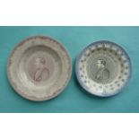 1861 Albert in Memoriam: a pottery soup bowl printed in mauve, 281mm and another with blue sponge