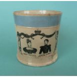 1840 Wedding: a rare pottery mug banded in pale blue and printed in black with named and dated