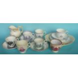 1863 Wedding: five various cups and saucers together with a matching jug and two plates, another cup