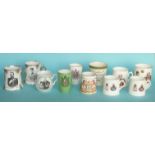 George VI: two Royal Doulton curved sided small beakers, two similar mugs, a mug by William Lowe and