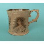 1840 Wedding: an unusual pottery mug printed in brown with portraits centred by a crown, inscription