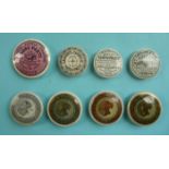 Dental Supply Company, pink ground and seven other tooth paste lids (8) (pot lid, potlid, prattware)