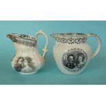 1840 Wedding: a pottery jug printed in black with named portrait medallions, 114mm chipped and