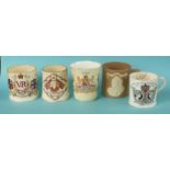1897 Jubilee: a rare moustache beaker by Williamson of Longton and four mugs (5) (commemorative,