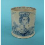 1838 Victoria: a small cylindrical mug printed in blue with a named crowned portrait, 63mm, restored