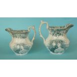 1840 Wedding: two jugs of varying size each printed in green with named portraits centred by a