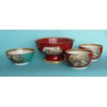 A brick red ground bowl on spreading foot, 240mm diameter and three other bowls (4) (pot lid,