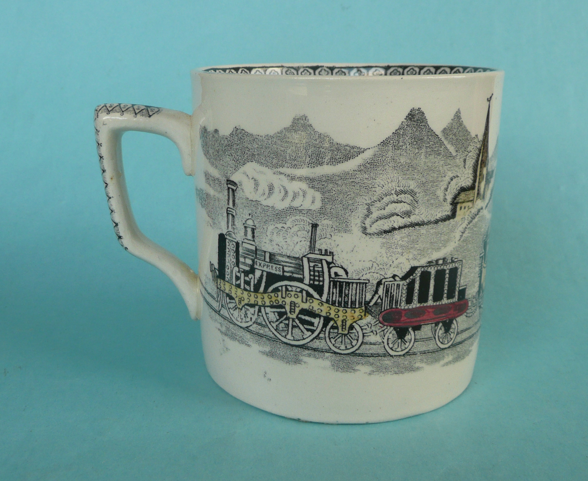 Railways: a 19th century cylindrical pottery mug printed in black and decorated in yellow and red