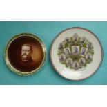 World War I: a German porcelain plate with sepia portrait of Hindenburg and another with named