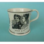 1840 Wedding: a pottery mug printed in black with named portraits and a view of Windsor centred by a